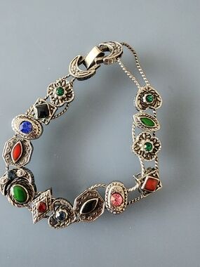 Multicolor Gemstone Silver-Tone Charm Bracelet